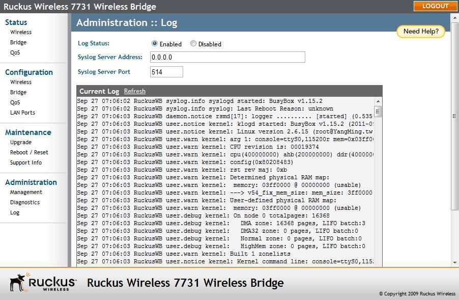 Managing the Wireless Bridge Sending a Copy of the Log File to Ruckus Wireless Support Figure 76.