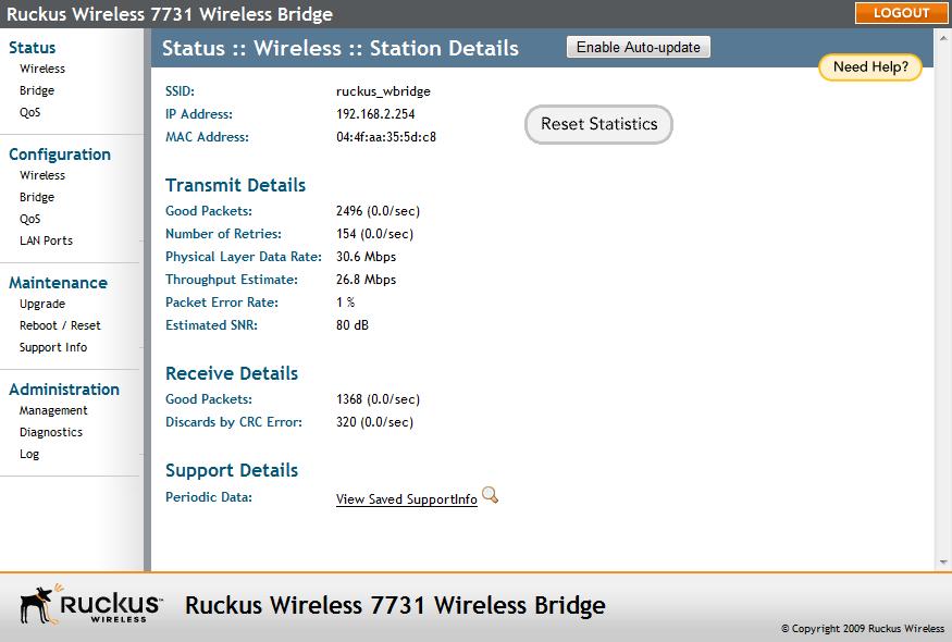 Navigating the Web Interface Monitoring the Wireless Bridge Status Figure 53. Monitoring the peer device The peer device station details page includes the following information. Table 9.