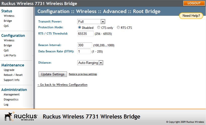 Configuring the Wireless Bridge Configuring Wireless System Settings To configure the advanced wireless settings 1. On the Configuration > Wireless page, click Edit Common Settings.