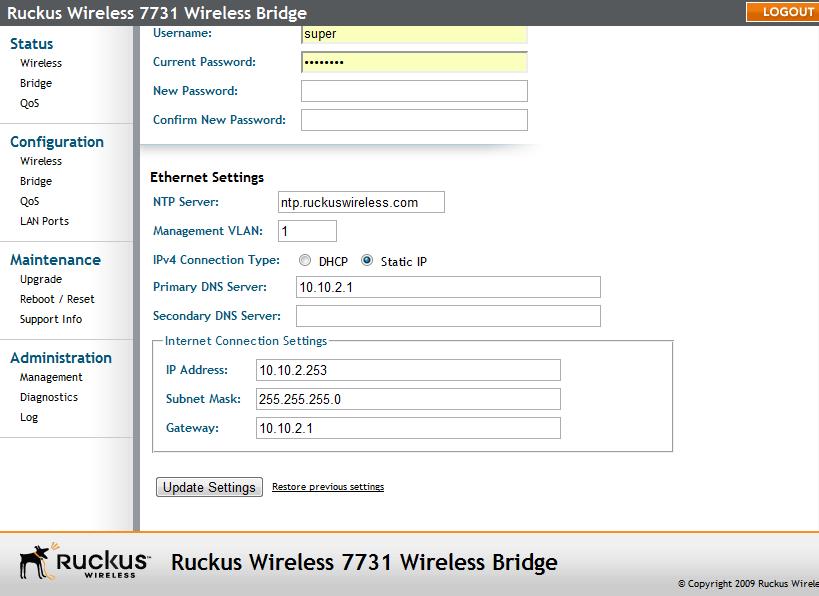 Configuring the Wireless Bridge Configuring Bridge Settings Figure 59. Changing IP address settings To change the method of acquiring an IP address: 1. Go to Configuration > Bridge. 2.