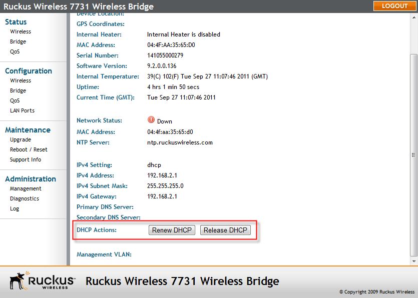 Configuring the Wireless Bridge Configuring Bridge Settings 3. If the current IP Setting is DHCP, you will be able to see the currently-assigned IP address and subnet mask listed below. 4.
