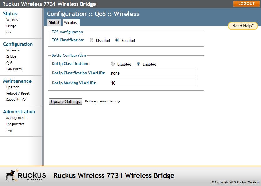 Configuring the Wireless Bridge Configuring LAN Ports Figure 67. Dot1p Marking Configuring LAN Ports The LAN Ports configuration page allows you to define how the bridge s Ethernet ports behave.