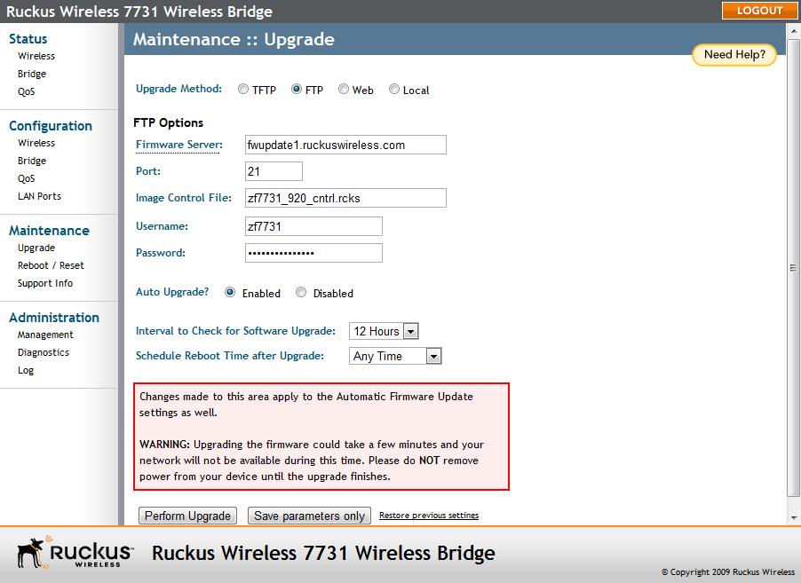 Managing the Wireless Bridge Managing Firmware Upgrades Figure 68. The Maintenance :: Upgrade page Upgrading Manually via the Web 1. In the Upgrade Method options, click Web. 2.