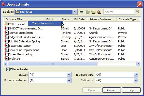 manager, simply right-click any portion of the column-header area above your estimate list, then select Customize Columns as shown below: Accessing the Columns Manager The Columns Manager that