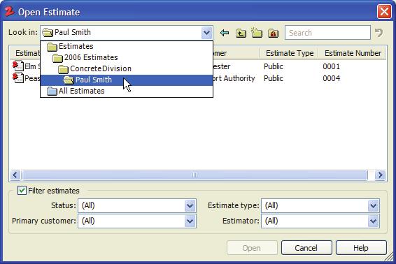 Open Estimate Dialog Below is a quick overview of a few new features related to the Open Estimate dialog: Estimate Folders, Customizable Columns, and the Estimate Search feature.