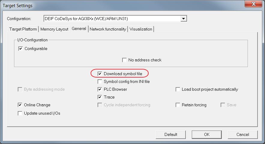 2.3 CODESYS software settings When creating the project in CODESYS, the option download symbol file (in target settings/general) must be checked.