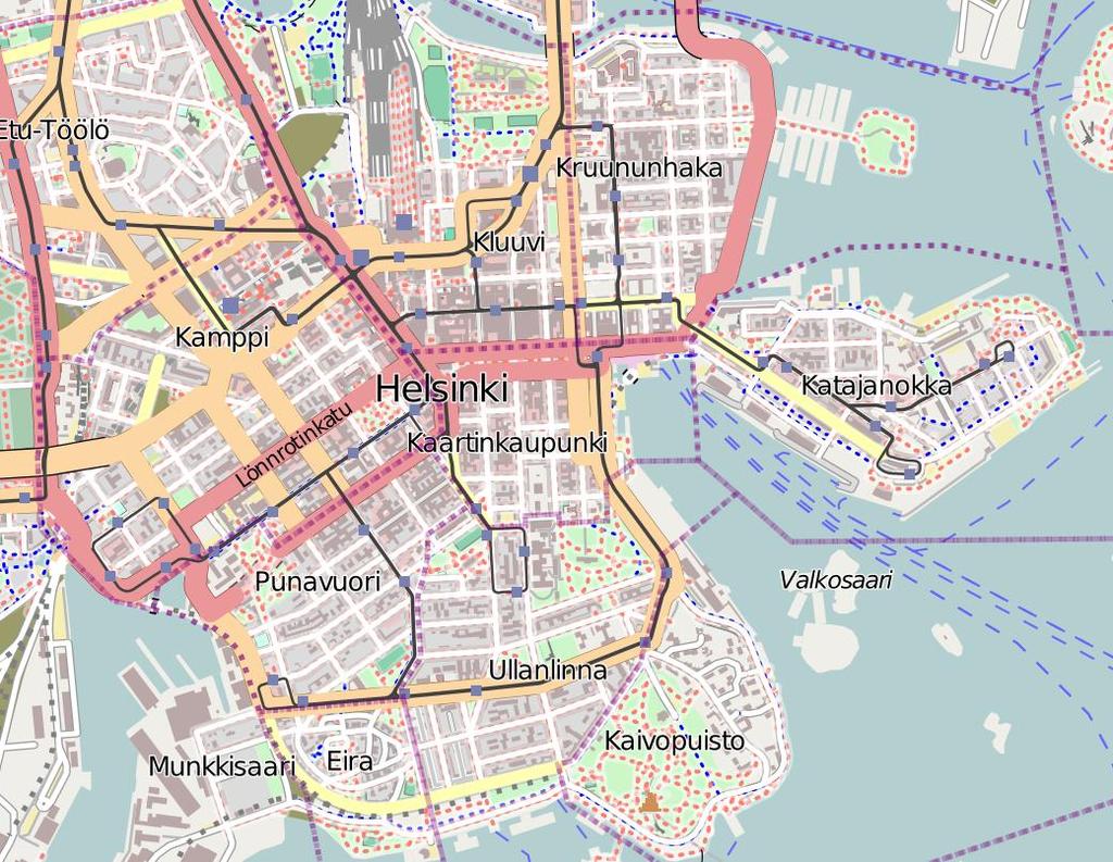 42 Chapter 5. Testing and Evaluation Figure 5.2: Map of down town Helsinki, [7] Table 5.