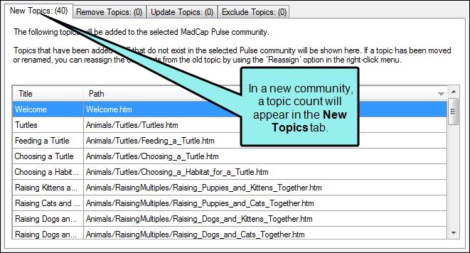 5. In the Remap Community Topics dialog, make sure the New Topics tab is selected and review the topics in the list. EXAMPLE A topic count appears in the label of the New Topics tab.