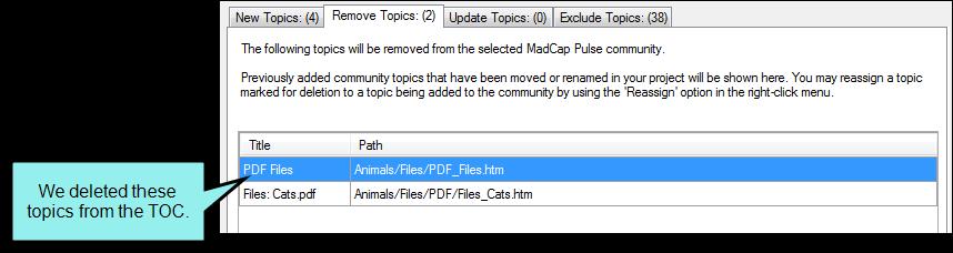 REMOVE TOPICS TAB The Remove Topics tab lists Flare updates that have an effect on the Pulse mapping definitions: Deleted Topics Topics that have been removed from