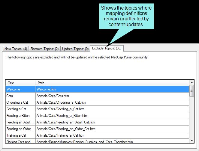 EXCLUDE TOPICS TAB The Exclude Topics tab lists all topic files where Flare changes have no effect on the Pulse mapping definitions. When finished, click OK.
