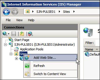 2. In the Connections pane, right-click the Sites container and select Add Web Site. 3.