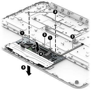 6. Remove the TouchPad board (5) and cable. Battery Reverse this procedure to install the TouchPad board. Description Spare part number Battery (3-cell, 36-WHr, 3.