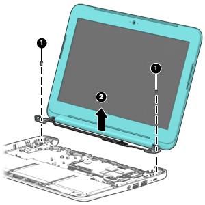 7. Remove the display assembly (2). 8. If it is necessary to replace the display bezel or any of the display assembly subcomponents: a. Remove the two display bezel screw covers (1).