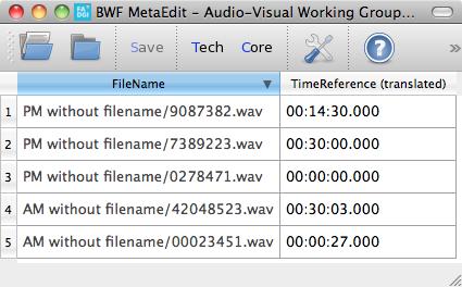 With TimeReference In Directories Showing a screen shot of the files within BWF MetaEdit,