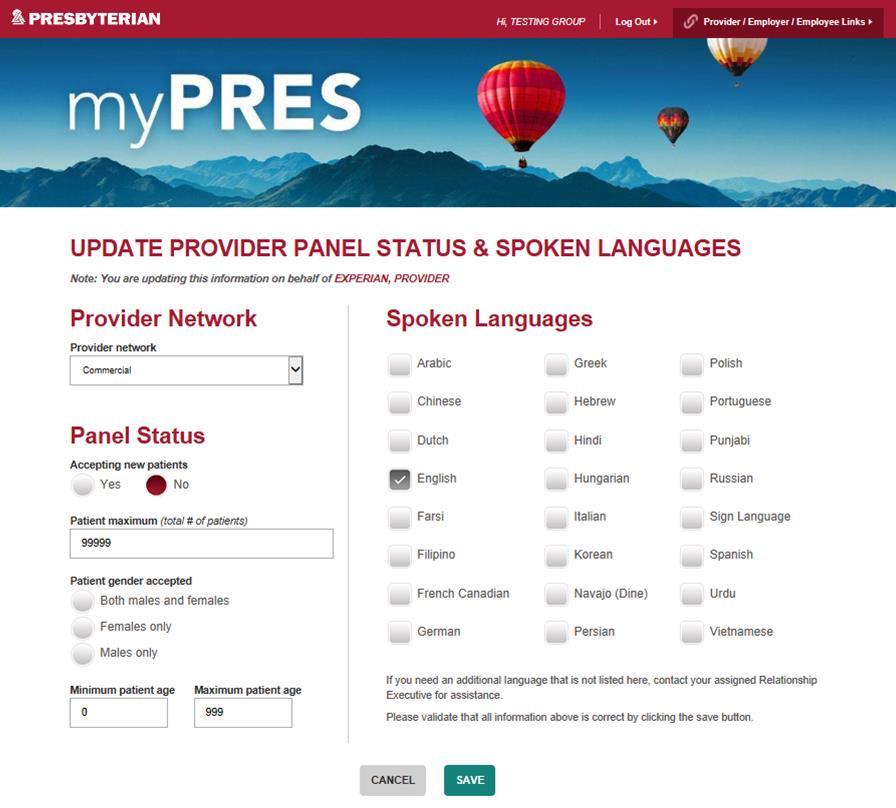 Example of Update Provider Panel Status & Spoken Languages* tab 1. Provider Network Providers will need to begin with this field as each network the provider is contracted with (e.g., Commercial, Medicaid, and/or Medicare) will need to be completed separately even if the information is the same for all networks.