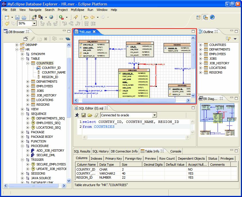 Figure 1. MyEclipse Database Explorer Perspective The ER-Designer provides numerous tools and features that enable you to create, reorganize and customize an ER, and to export the ER as a JPEG image.
