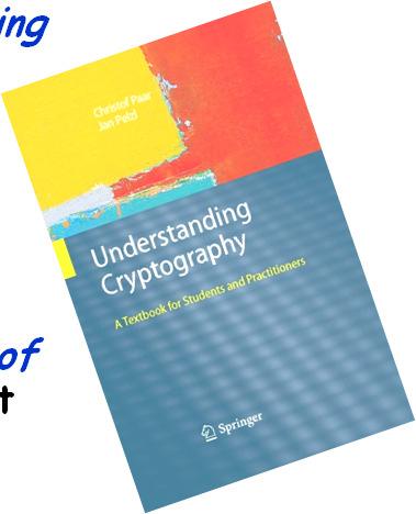Reference books Recommended books: C. Paar and J. Pelzl, Understanding Cryptography, Springer, 2009, ISBN 978-3-642-04100-6. N. P. Smart, Cryptography, An Introduction, available at http://www.cs.