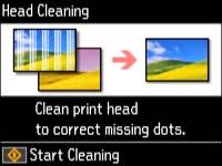 You see this screen: 5. Press the up or down arrow buttons to select Head Cleaning and press the OK button. You see this screen: 6. Press the start button to begin the cleaning cycle.