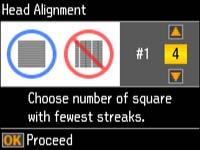 6. Press the start button to print an alignment sheet. Note: Do not cancel printing while you are printing a head alignment pattern. You see this screen: 7.