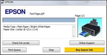 To cancel printing, click Stop. To see print jobs lined up for printing, click Print Queue. To check ink status, click Check Ink Levels.