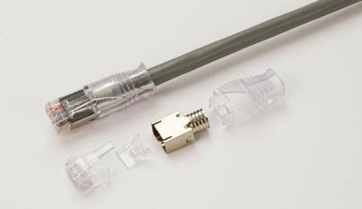 CAT 6A, Shielded, 8-Position Plug (MP-6AS-_-_) Each kit includes: () Modular plug assembly () Wire holder () Strain relief Cat 6A performance achievable when used with PiMF (Pairs-in-Metal-Foil)