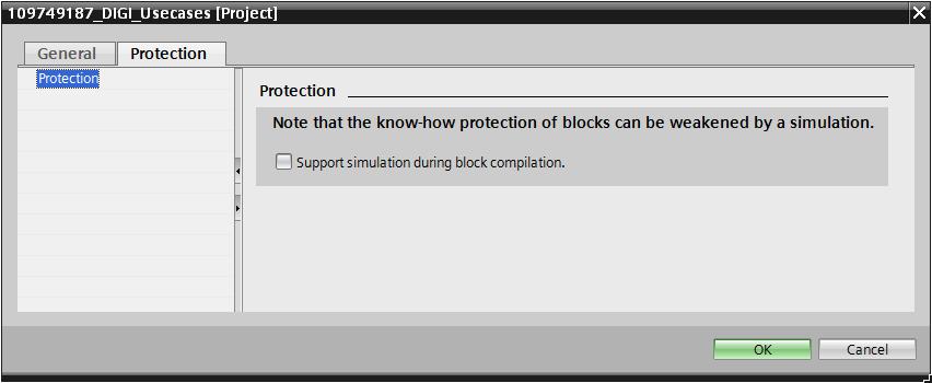 3. In the Protection tab, check the Support simulation during block compilation check box.