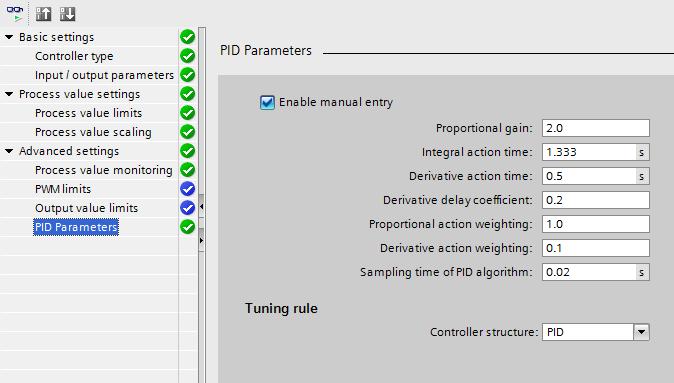 5. In the Advanced settings, set the PID parameters. To do this, check Enable manual entry and set the following PID parameters. - Proportional gain = 2 - Integral action time = 1.