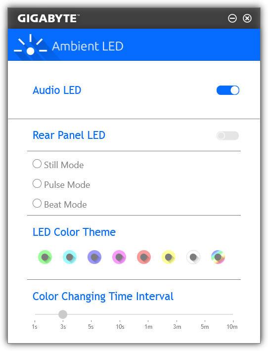5-2-8 Ambient LED GIGABYTE Ambient LED allows you to enable or change the display mode for the onboard audio LEDs and rear panel I/O shield (Note) LEDs while in the Windows environment.