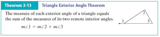 An eterior angle of a triangle has an interesting relationship with its remote interior angles. I ll do one: We ll tr one: You Tr one: Find the missing angle measure.