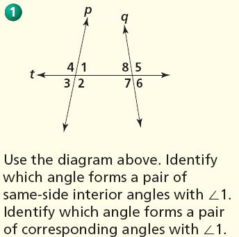 Identifing angles: I ll do one: We ll do one together: You tr: Using the diagram. Identif which angle forms a pair of alternate interior angels with 1.