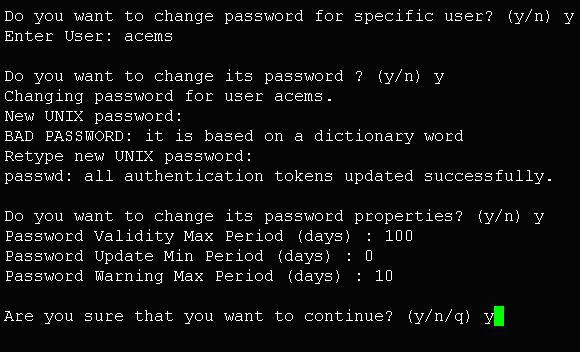 Failed Login Locking Timeout). It also lets you change settings for a specific user (like User s Password, Password Validity Max Period, Password Update Min Period, and Password Warning Max Period).