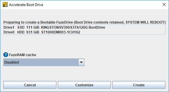 Step 2: Choose the drive to create a FuzeDrive with. Case A: Only boot drive and a blank HDD in the system. The correct drives will be automatically selected.
