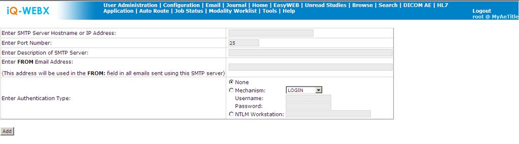 8 SMTP SERVER CONFIGURATION The Administrator ( root ) of iq-webx can configure a SMTP server for sending outgoing emails, by clicking on the Email link from the Main Menu, and enter the following