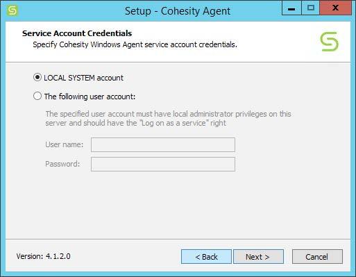 Choose what user you d like the agent to run as and click Next > to continue. Click Install to complete the install.