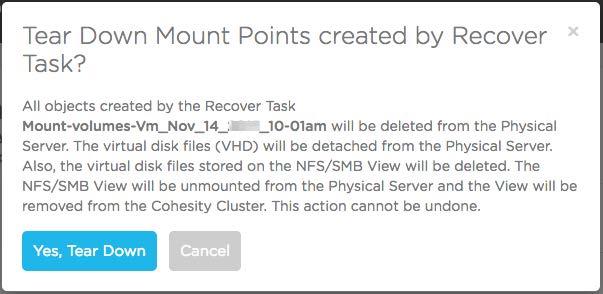 Navigate to the Cohesity cluster and the job status page for the Instant Mount Recovery.