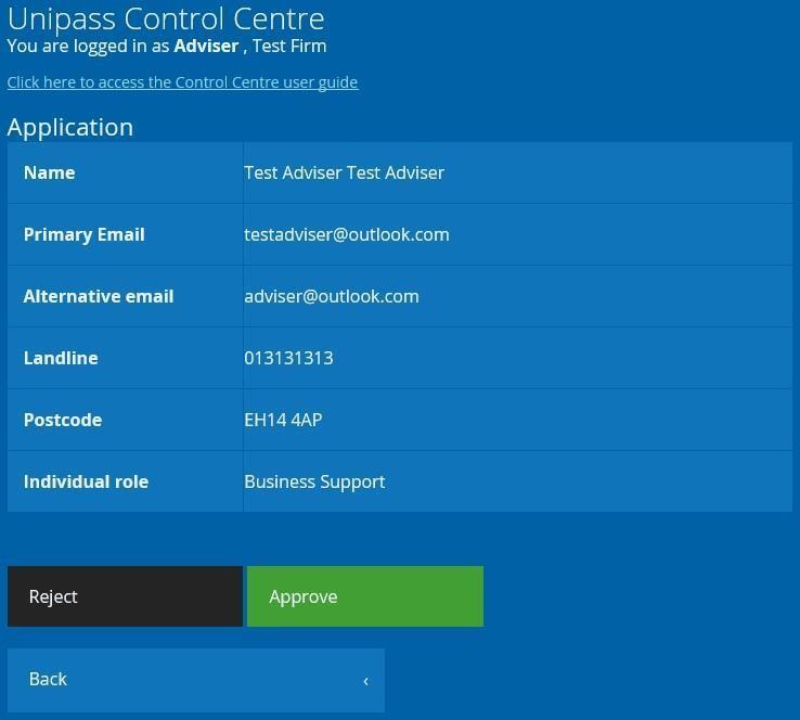 Controllers will also be able to Approve or Reject Unipass Identity applications from Application Details page by clicking either of these boxes.