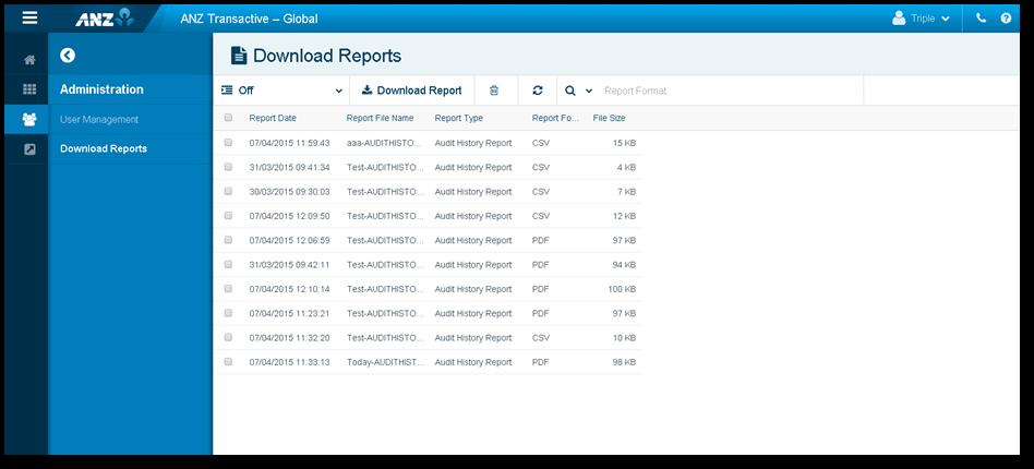 DOWNLOAD REPORTS SCREEN Menu > Administration > Download Reports From the Download Reports screen in the Administration menu, view all user audit reports that have been generated.