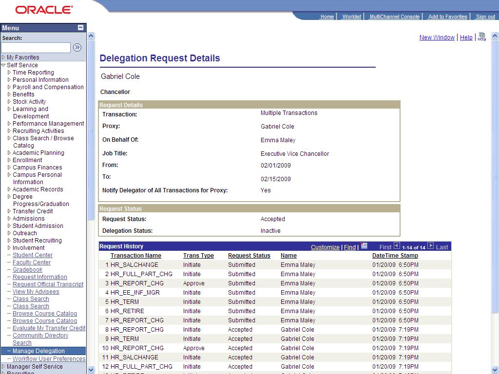 Step 15. The Delegation Request Details page displays the details about the responsibilities you have accepted.