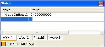 Right click on the variable name daysinmonth on line 38 and select Add Watch from the context menu. A new entry appears in the Watch pane showing daysinmonth.