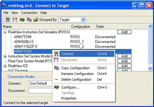 Select ARM7TDMI as shown above and click OK to return to the Connection Control window. Right click on the new ARM7TDMI entry in the connection control window and click Connect.