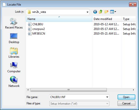8 Open the folder in which the printer driver is. For 32-bit Open [DRIVERS] -> [us_eng] or [uk_eng] -> [32bit] -> [win2k_vista] in the supplied CD-ROM, and then click [Open].