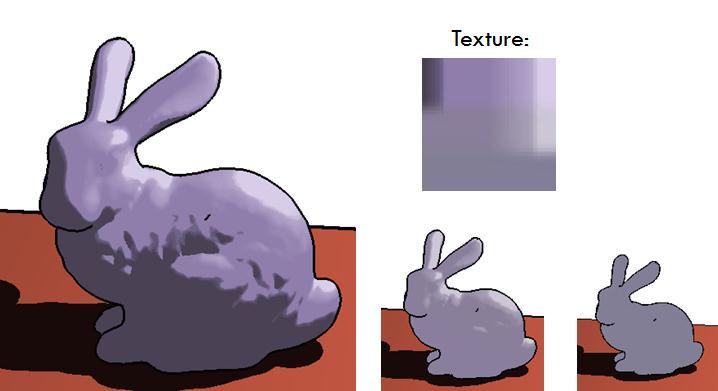 Figure 6: Depth rendering of the Stanford bunny, using the texture shown above the image.