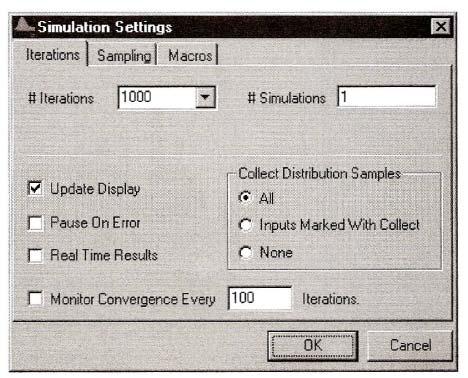 Figure 6: Simulation settings dialogue box 7.2. To Change the number of times the model is simulated, click the Iterations tab and type 1000 in the text box for # Iterations. 7.3.