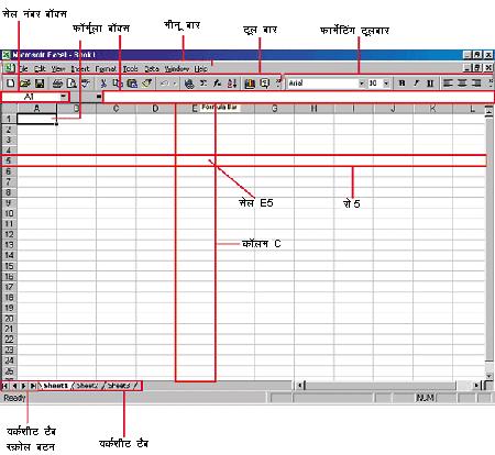 1 MS Exel MS Excel tutorials in Hindi Excel): datas) (spreadsheets) workbook) worksheets) ' ' (columns) ' ' (rows)