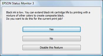 Related topics Loading Paper Conserving Low Black Ink with Windows The following window appears when black ink runs low and there is more color ink.