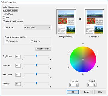 Color Controls Lets you select a Color Mode setting, individual settings for Brightness, Contrast, Saturation, and Density, and individual color tones.