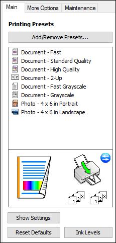 You see the available Printing Presets on the left: 2. Place your cursor over one of the Printing Presets to view its list of settings. 3.