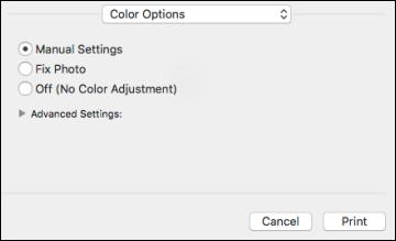 2. Select one of the available options. 3. Select Color Options from the pop-up menu in the print window.