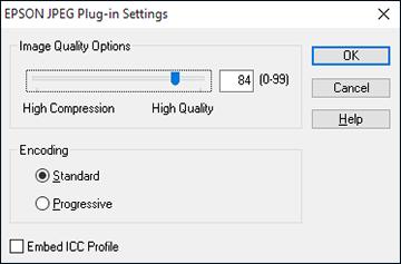 Note: The available settings may vary, depending on the operating system you are using. Setting Image Quality Options Encoding Embed ICC Profile Description Specifies the compression level.