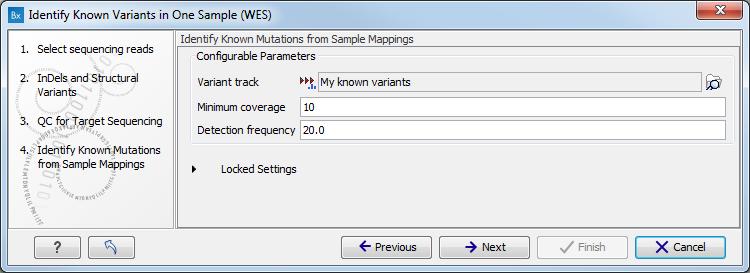 CHAPTER 6. WHOLE EXOME SEQUENCING (WES) 108 Figure 6.11: Specify the track with the known variants that should be identified. The parameter "Detection Frequency" will be used in the calculation twice.